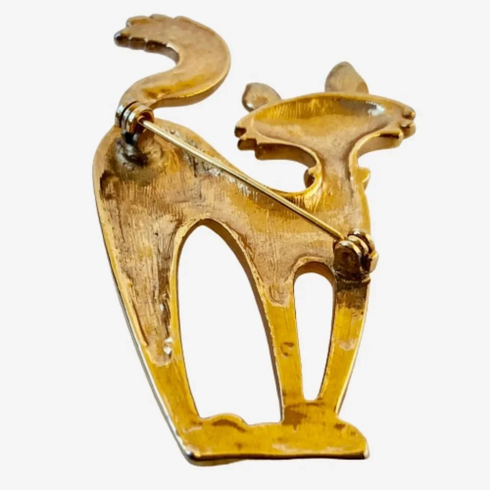 Cat Pin Brooch Mod Sophisticated Kitty Gold Tone & Rhinestone Collar & Tail